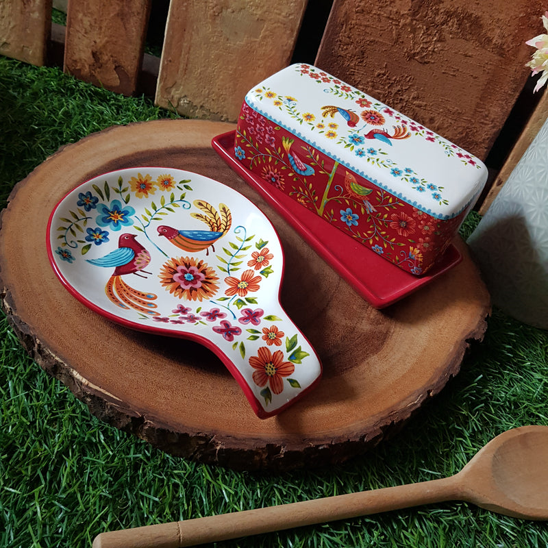 [RESTOCKED] Green Espana / Red Spring Birds Butter Dish With Cover