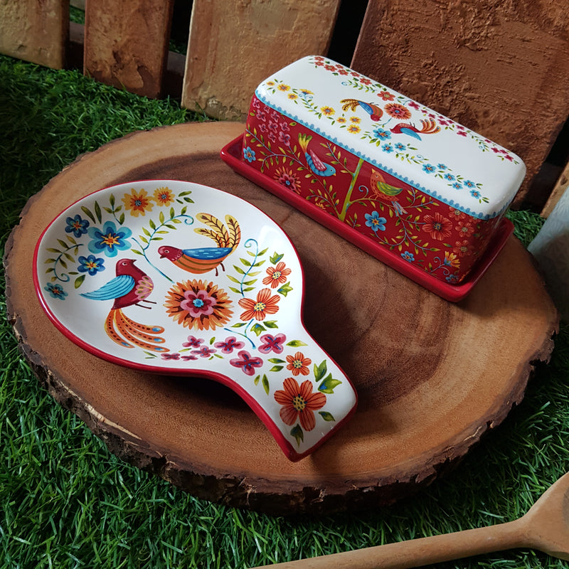 [RESTOCKED] Green Espana / Red Spring Birds Butter Dish With Cover