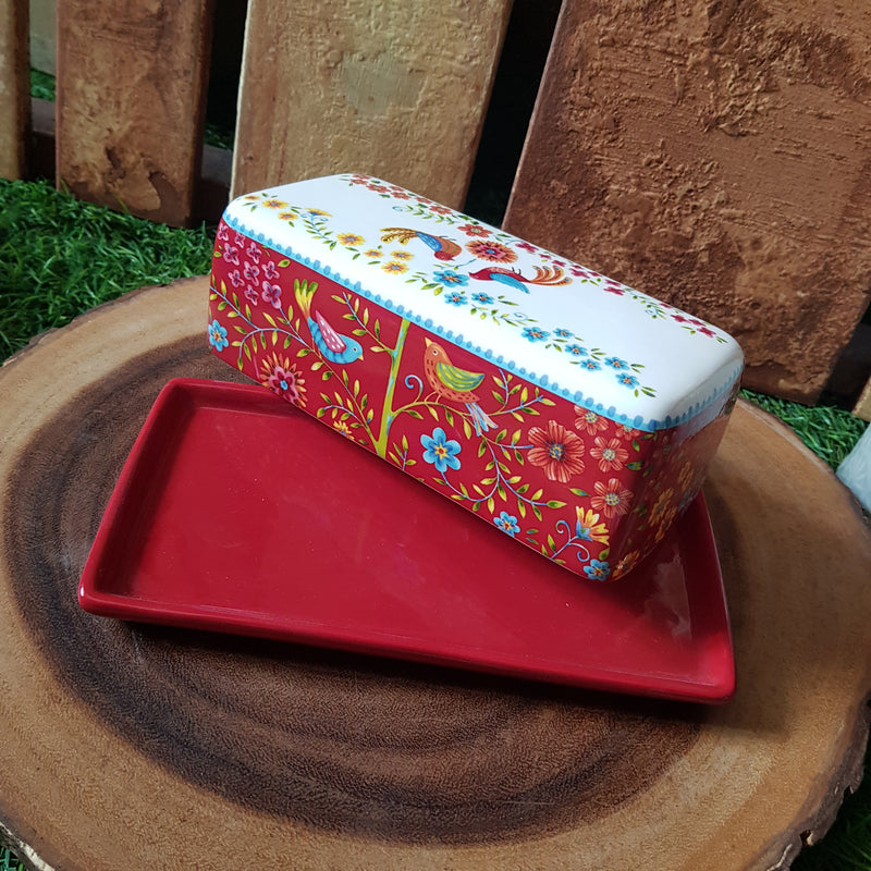 [RESTOCKED] Green Espana / Red Spring Birds Butter Dish With Cover