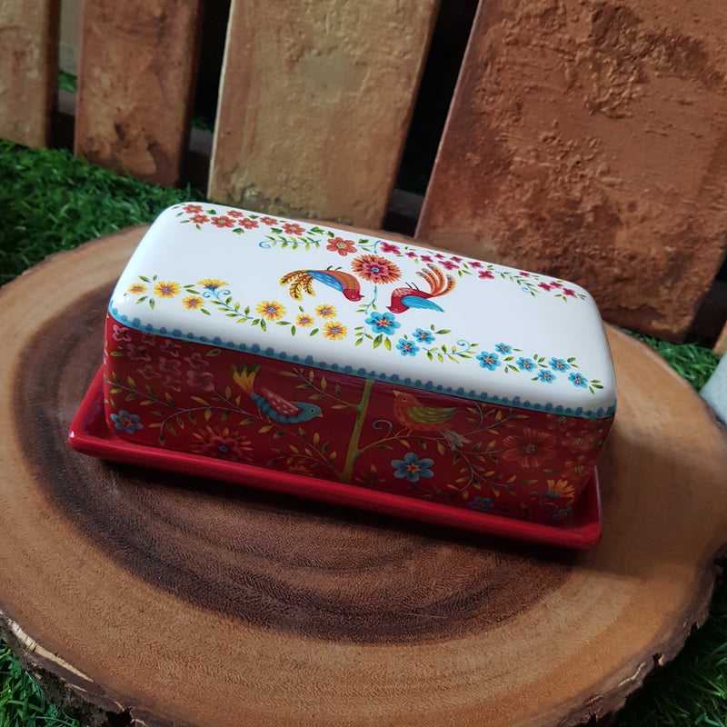 [RESTOCKED] Green Espana / Red Spring Birds Butter Dish With Cover