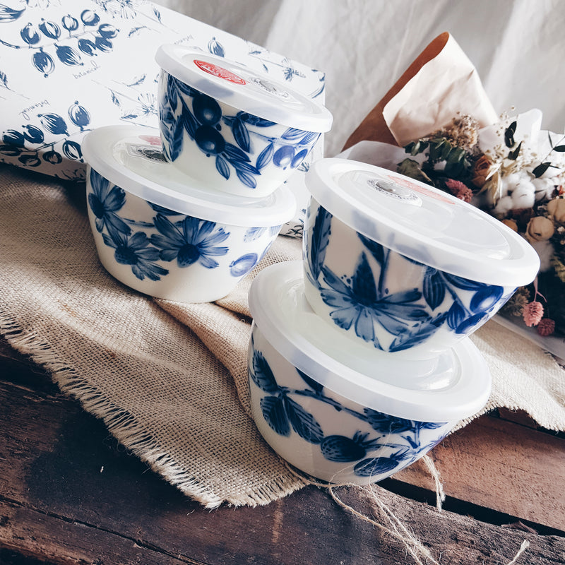 Aito Japan Botanical Blue & White Assorted 4 Piece Microwaveable Containers Set - Lovera Collections