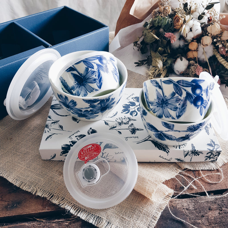Aito Japan Botanical Blue & White Assorted 4 Piece Microwaveable Containers Set - Lovera Collections